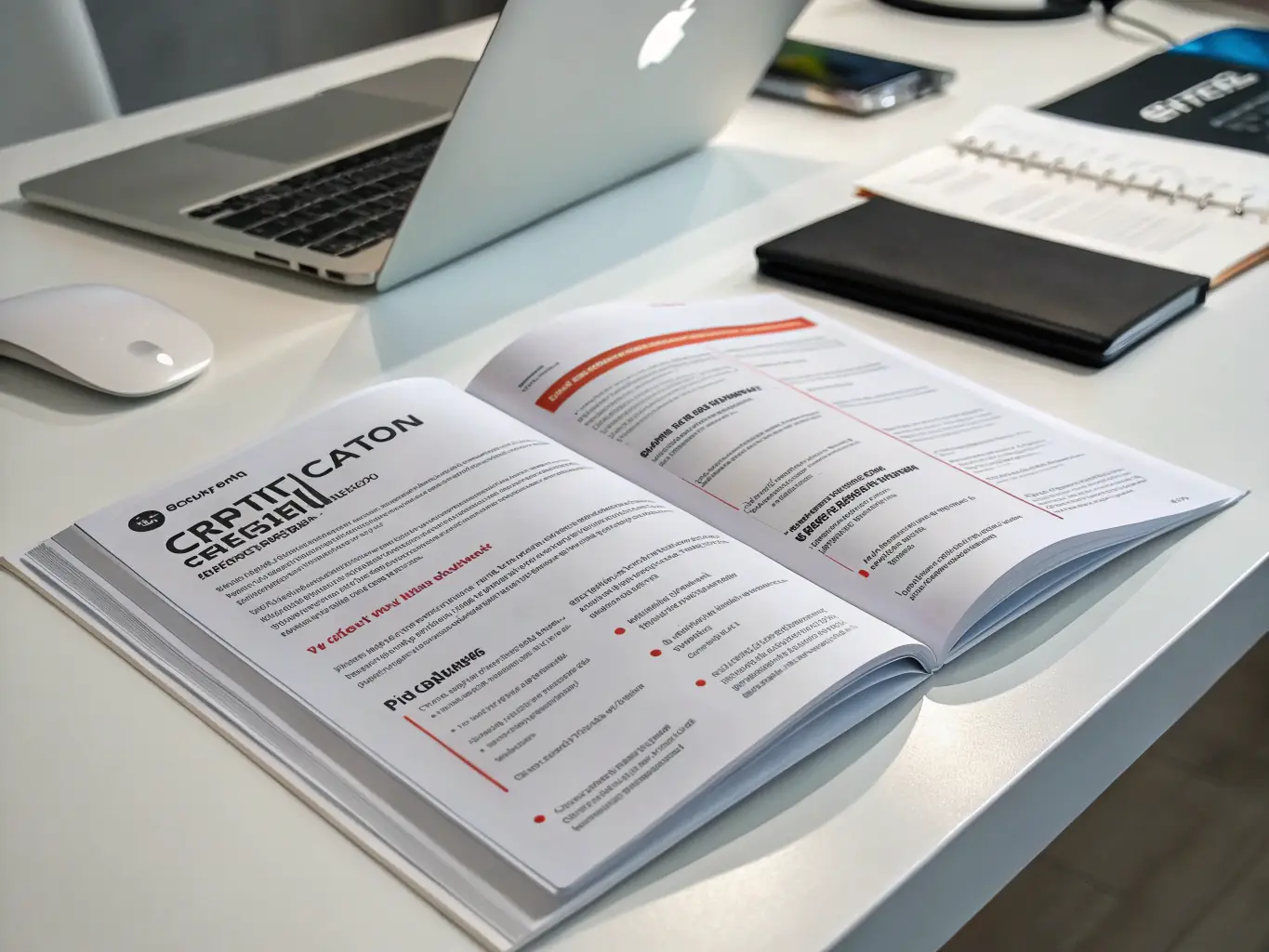 A focused image of a detailed certification guide for ethical hacking, highlighting key concepts and exam preparation strategies, set in a modern, tech-inspired workspace.