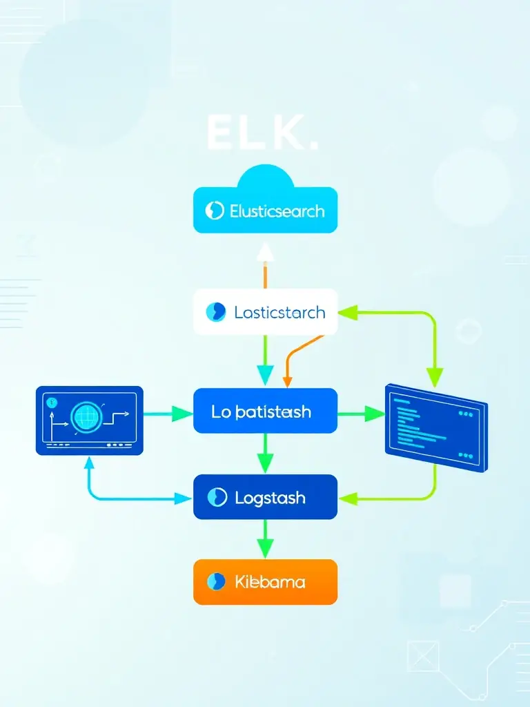 A graphical depiction of an ELK stack setup, showcasing data flow from various sources into Elasticsearch, Logstash, and Kibana for centralized log management and analysis.