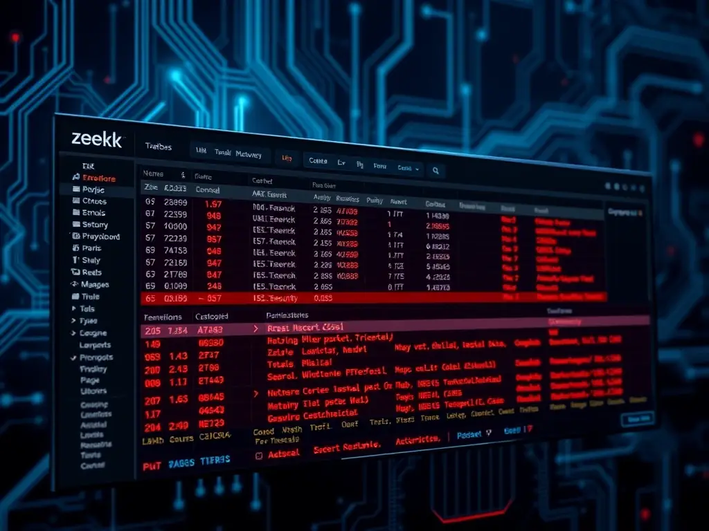 A network traffic capture showing Zeek analyzing packet data in real-time, highlighting its ability to identify anomalies and potential security threats within network communications, displayed in a network security dashboard.