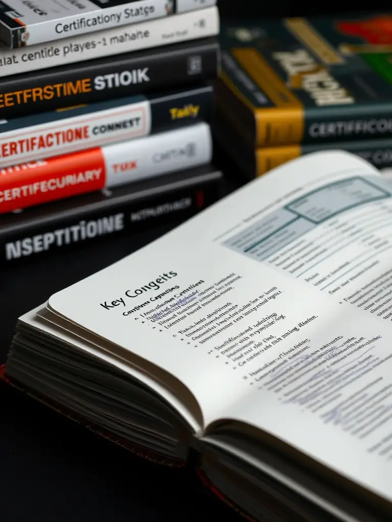 A close-up of a certification study guide with highlighted key concepts and notes, surrounded by cybersecurity textbooks and resources.