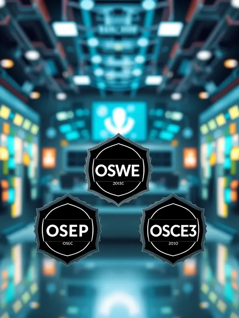 A dynamic image showcasing the OSEP, OSWE, and OSCE3 certifications badges arranged in a triangular formation, symbolizing the advanced skill set and comprehensive expertise gained from these certifications.