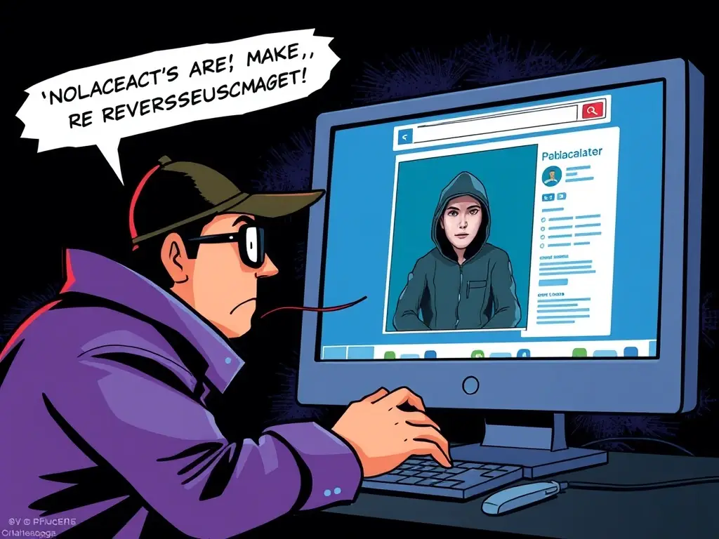 An illustration depicting a reverse image search being conducted on a suspicious image, highlighting the process of identifying the image's origin and related information.