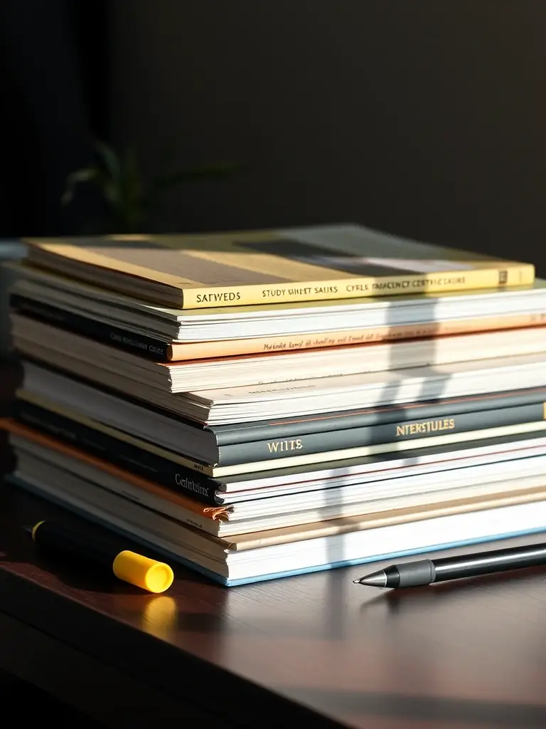 A stack of neatly arranged study guides and textbooks on a desk, with a pen and highlighter, representing comprehensive study materials for cybersecurity certifications.