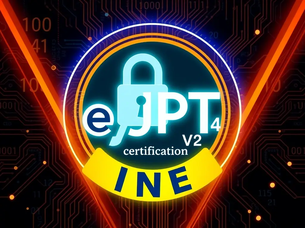 A digital rendering of the eJPT v2 (INE) certification logo, featuring a stylized lock and key. The background is a dark, tech-themed design with binary code and circuit board patterns.