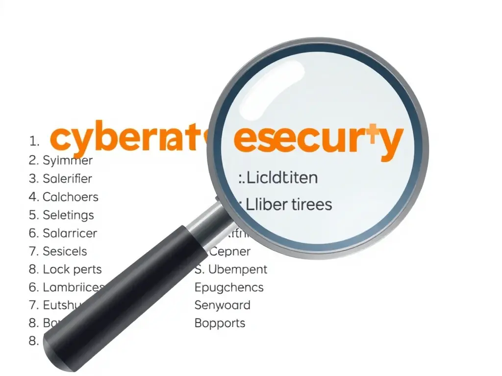 A digital illustration of a magnifying glass hovering over a list of cybersecurity terms arranged alphabetically, emphasizing the ease of finding information.