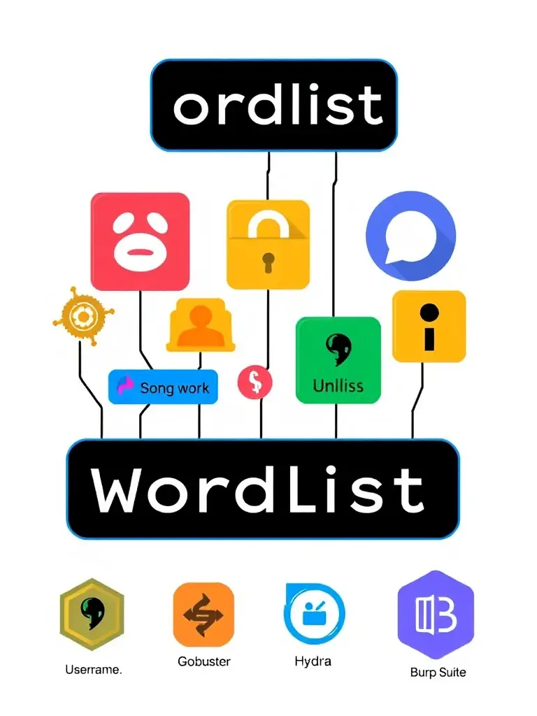 An illustration depicting various types of wordlists (usernames, passwords, URLs) being used in different cybersecurity tools (Hydra, Gobuster, Burp Suite). The image should visually represent the versatility of wordlists.