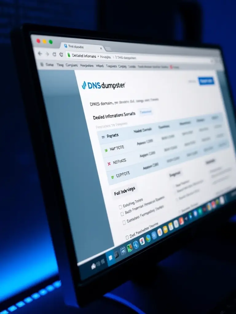 A detailed close-up shot of the DNSdumpster website interface, showcasing its domain information gathering capabilities, set in a modern, dark, and technical design aesthetic.