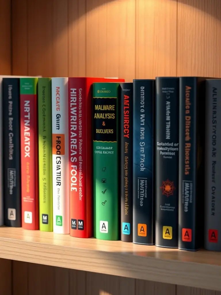 An image of a collection of technical books on malware analysis and cybersecurity, emphasizing the importance of continuous learning.