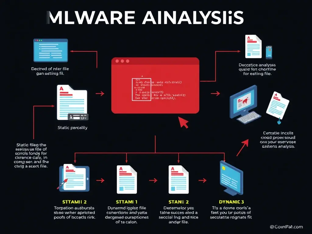 A detailed graphic illustrating the process of malware analysis, showing the different stages of dissecting a malicious file, including static and dynamic analysis techniques.