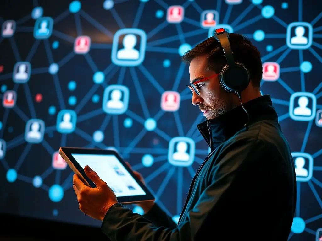 A cybersecurity expert analyzing social media data on a tablet, with a background showing a network of interconnected social media profiles and data points, in a CyberLab training session focused on social media intelligence.