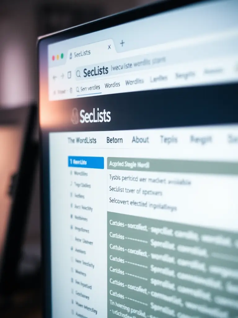 A close-up shot of a computer screen displaying the SecLists GitHub repository, showcasing the variety of wordlists available. The image should convey the organized and comprehensive nature of the repository.