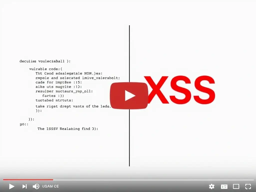A screenshot from a YouTube tutorial video demonstrating XSS exploitation, showing vulnerable code and the resulting attack.