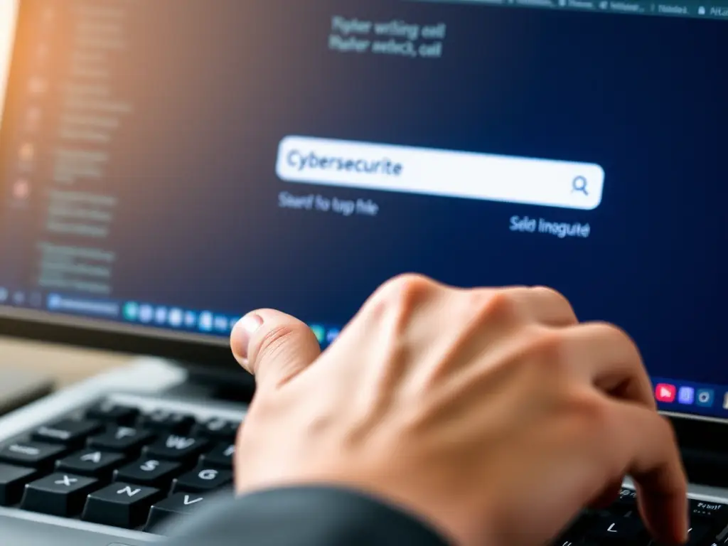A close-up shot of a hand using a search bar on a computer screen, with the cursor blinking in the search field, suggesting a user is about to type in a cybersecurity term.
