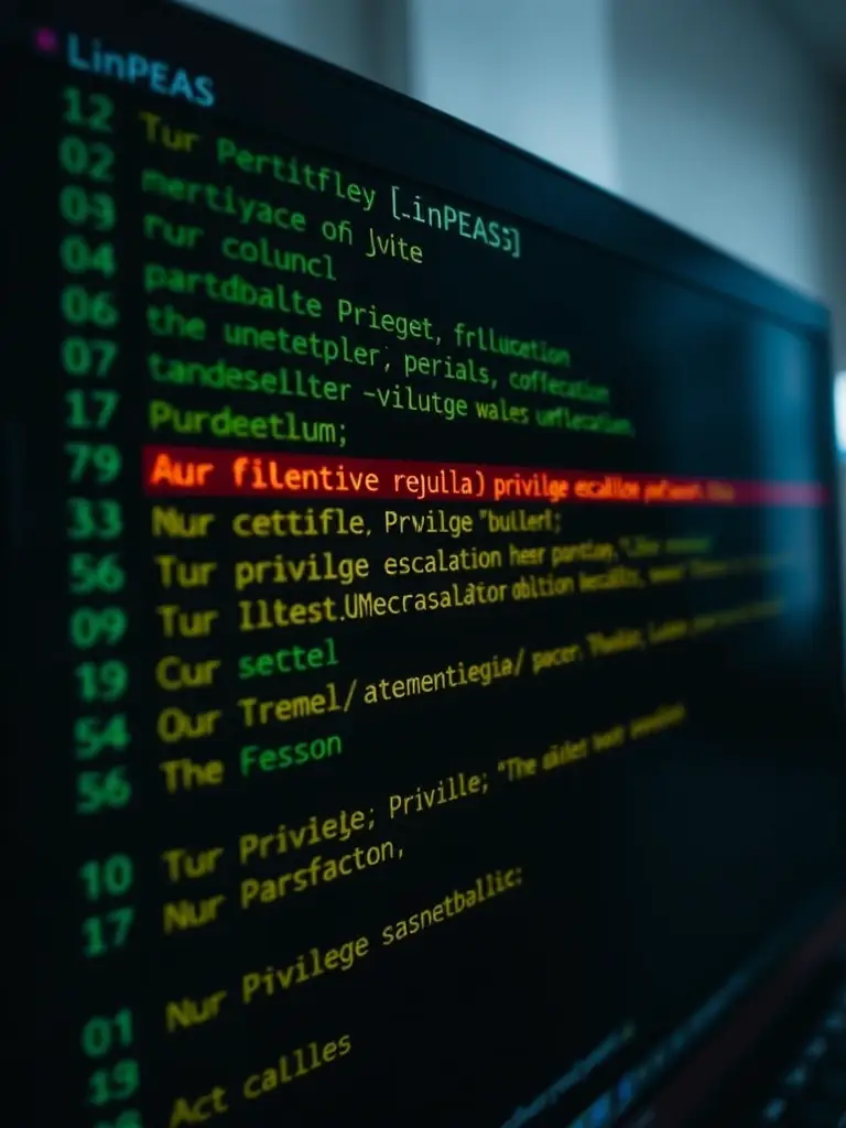 A terminal window displaying the output of LinPEAS, highlighting potential privilege escalation vulnerabilities on a Linux system.