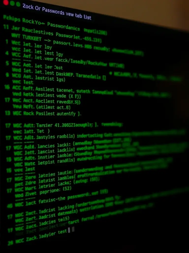 A blurred image of a terminal window showing a password cracking attempt using the RockYou wordlist. The focus should be on the command-line interface and the process of password testing.
