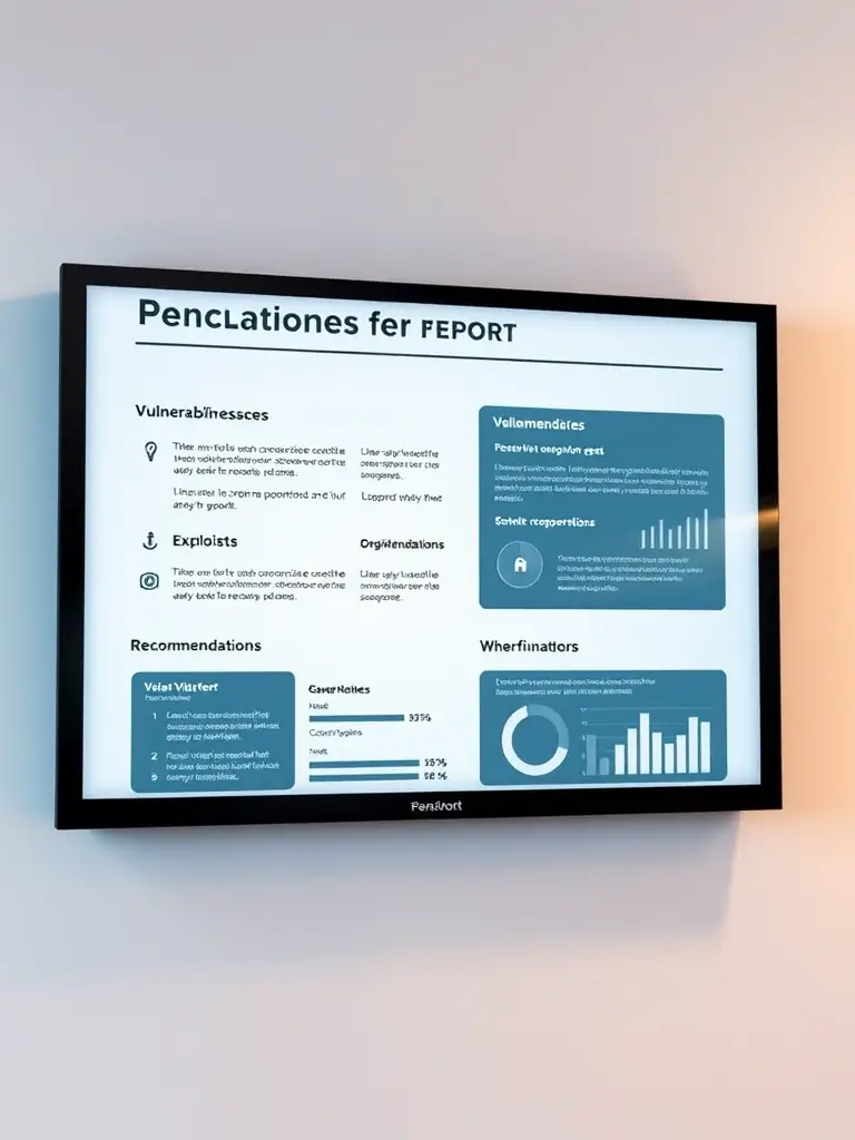 A professional template for a penetration testing report, showing sections for vulnerabilities, exploits, and recommendations.