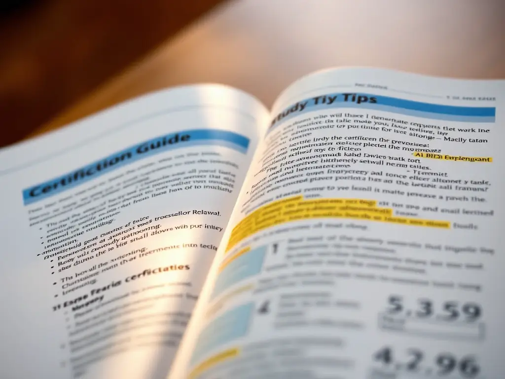 A close-up image of a certification guide, highlighting key topics and study tips, representing exam preparation.