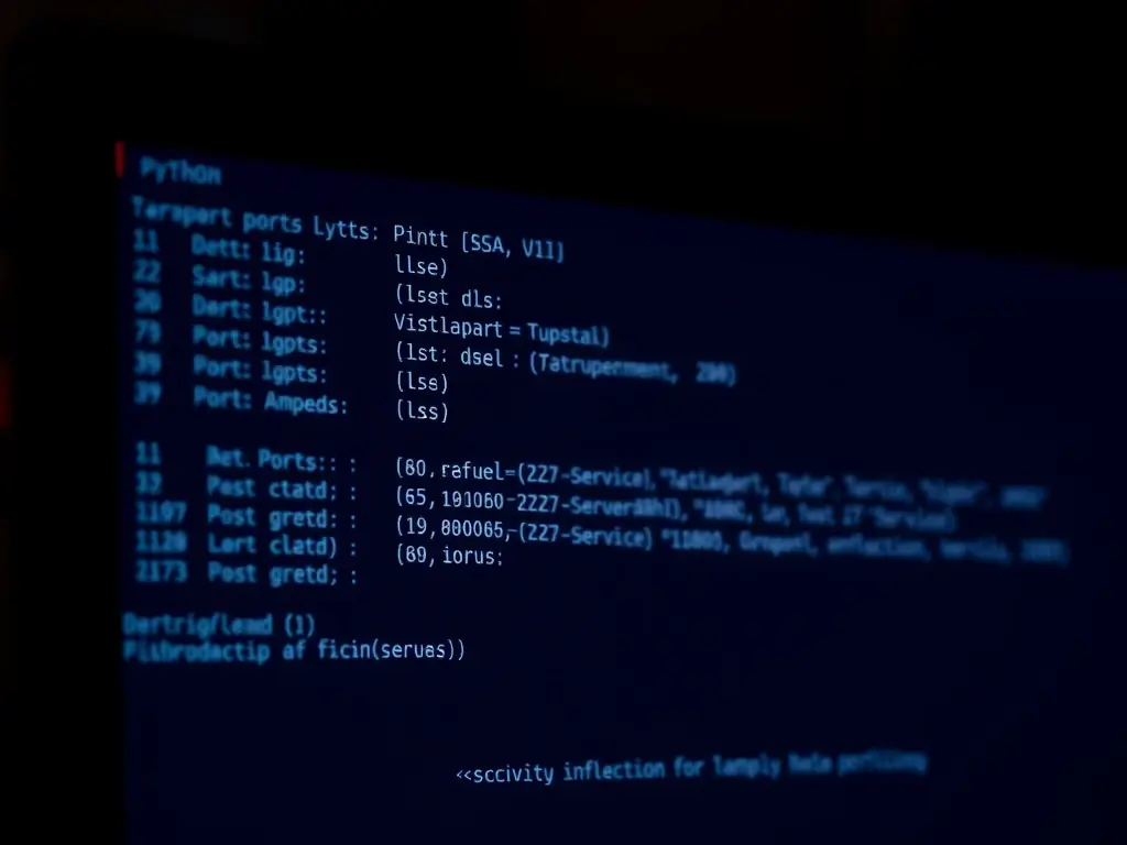 A Python script running in a terminal window, displaying the results of a port scan on a target IP address. The script highlights open ports and provides basic service information.