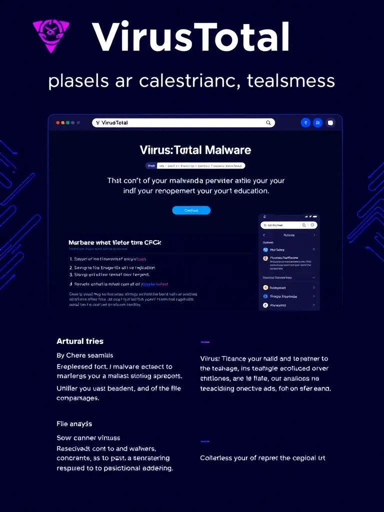 A clean and professional graphic representing the VirusTotal website, emphasizing its malware scanning and file analysis features, suitable for a cybersecurity education platform.