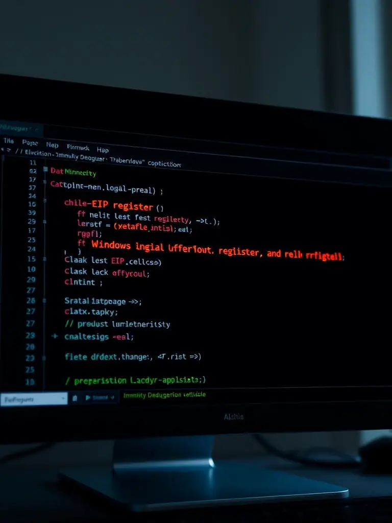 A screenshot of Immunity Debugger showing a buffer overflow vulnerability being exploited in a Windows application, highlighting the EIP register being overwritten.