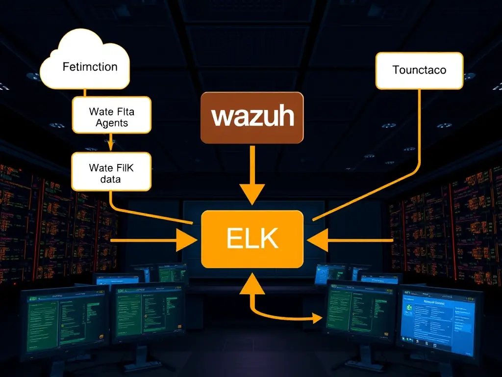 A detailed architectural diagram illustrating Wazuh's integration with the ELK Stack, showcasing data flow from Wazuh agents to the ELK server for analysis and visualization, set in a modern cybersecurity operations center.