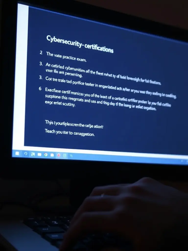 A close-up shot of a practice exam question displayed on a computer screen, with a hand hovering over the keyboard, symbolizing exam preparation for cybersecurity certifications.