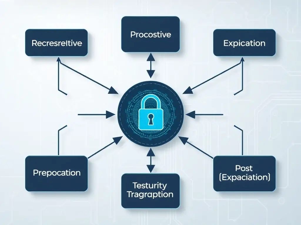 An image depicting a network diagram with arrows indicating different stages of a penetration test, such as reconnaissance, exploitation, and post-exploitation, with a digital lock in the center.