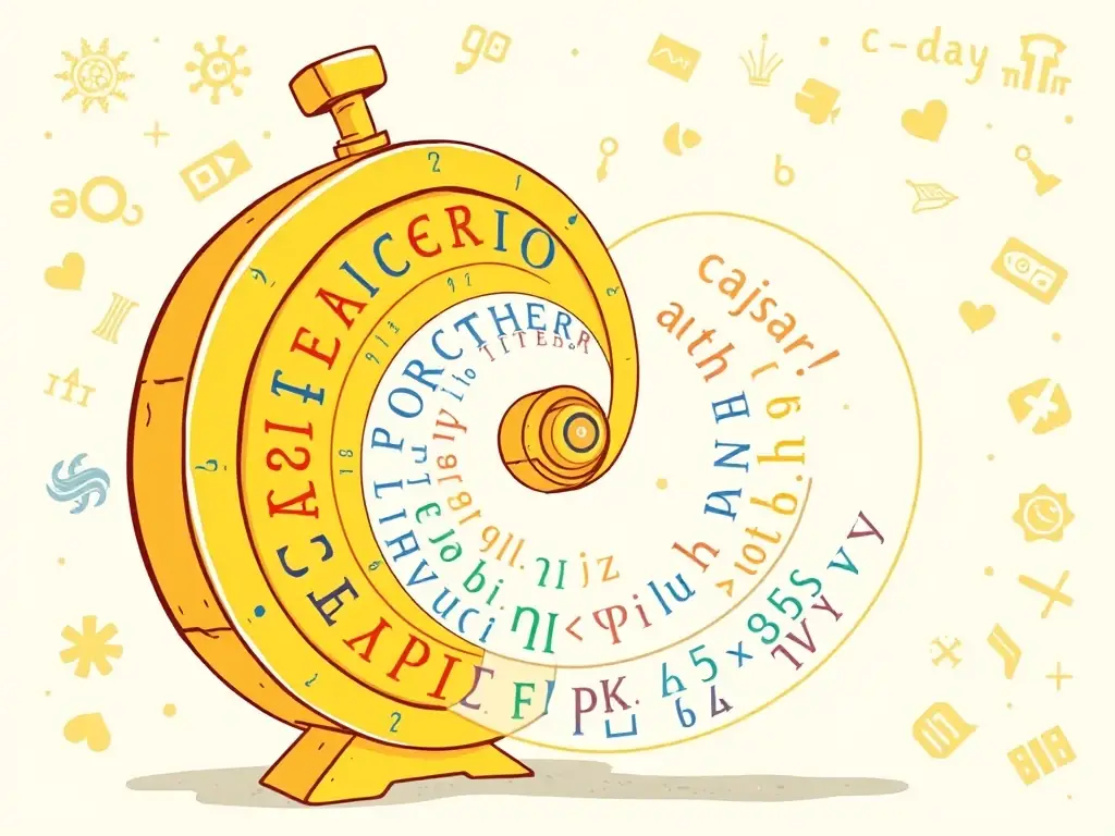 A digital illustration depicting a Caesar cipher wheel with encrypted text, symbolizing the basics of cryptography and code-breaking.