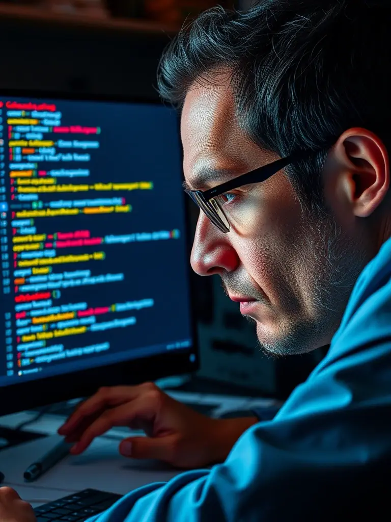 A detailed close-up image of a malware analyst examining disassembled code in a debugger, highlighting the intricate process of reverse engineering.
