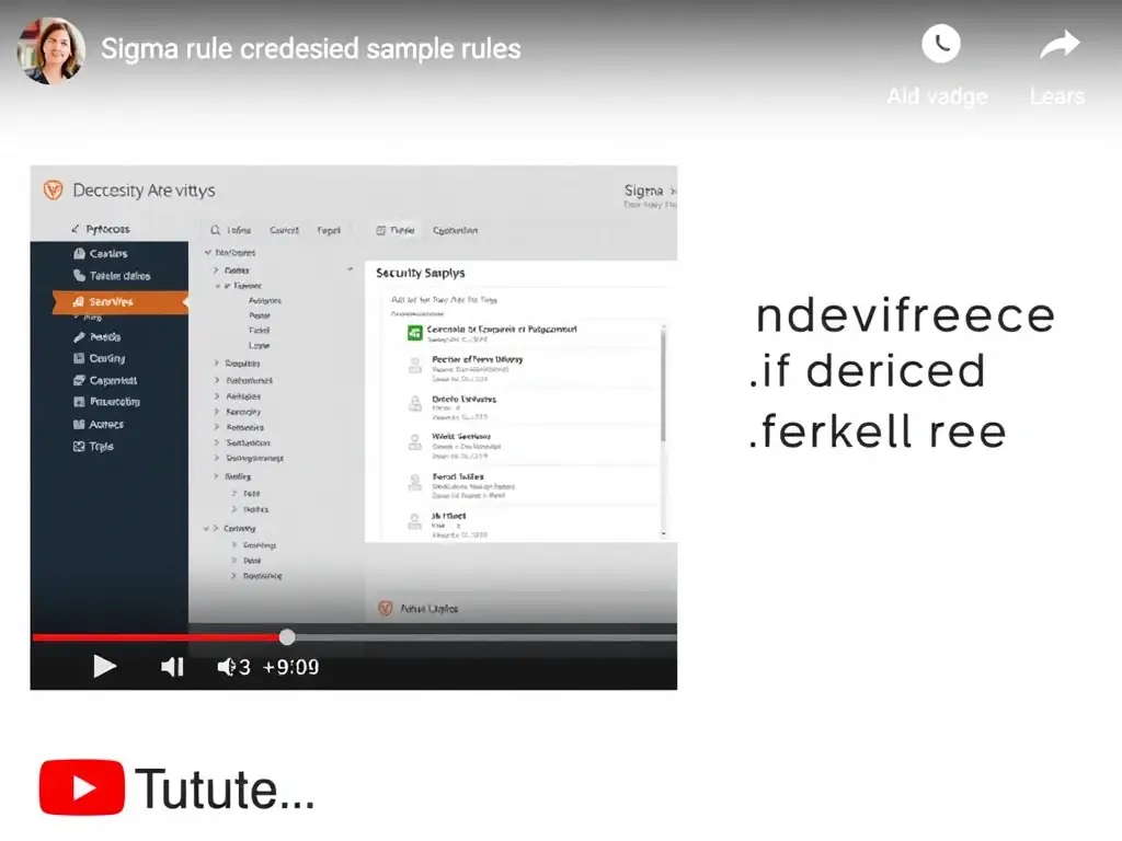 A screenshot from a YouTube tutorial video demonstrating Sigma rule creation, with a security analyst interface and sample rules displayed.