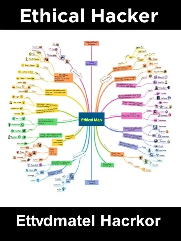 A visually engaging downloadable mind map outlining key concepts in ethical hacking, with branches for different attack vectors and defenses.