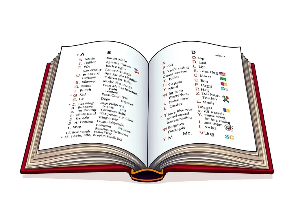 An image of an open book with an A-Z index visible, highlighting the alphabetical organization of the content within, symbolizing easy navigation.