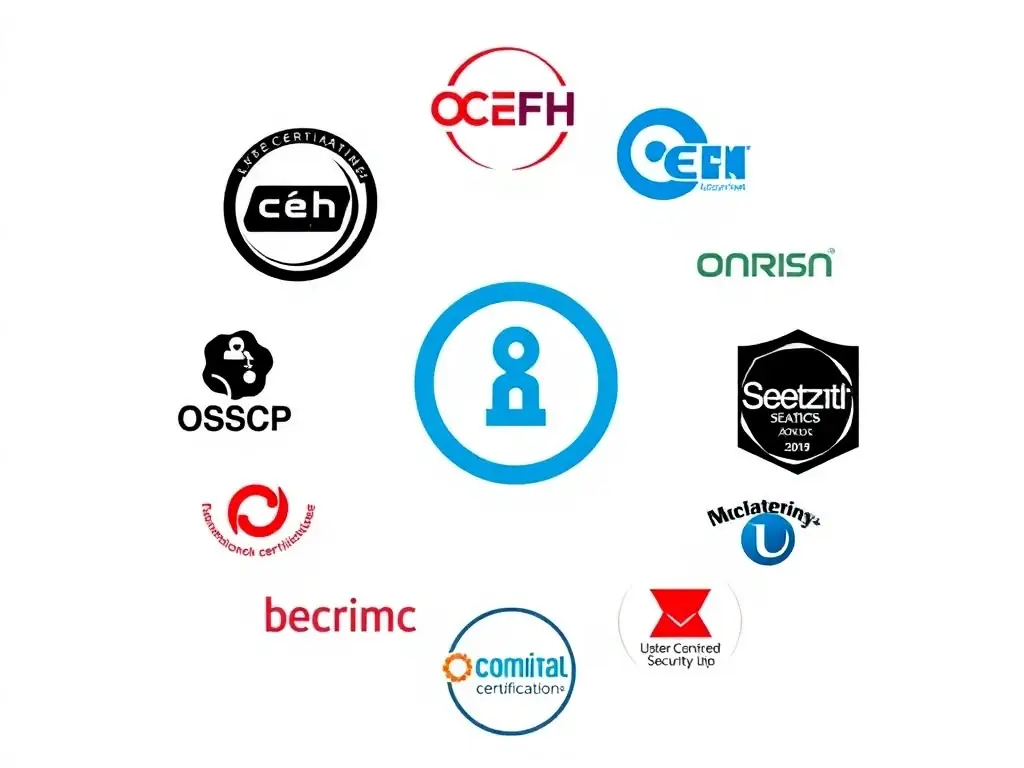 An image featuring logos of popular cybersecurity certifications like OSCP, CEH, and CompTIA Security+, arranged in a circular pattern around a central icon representing achievement.