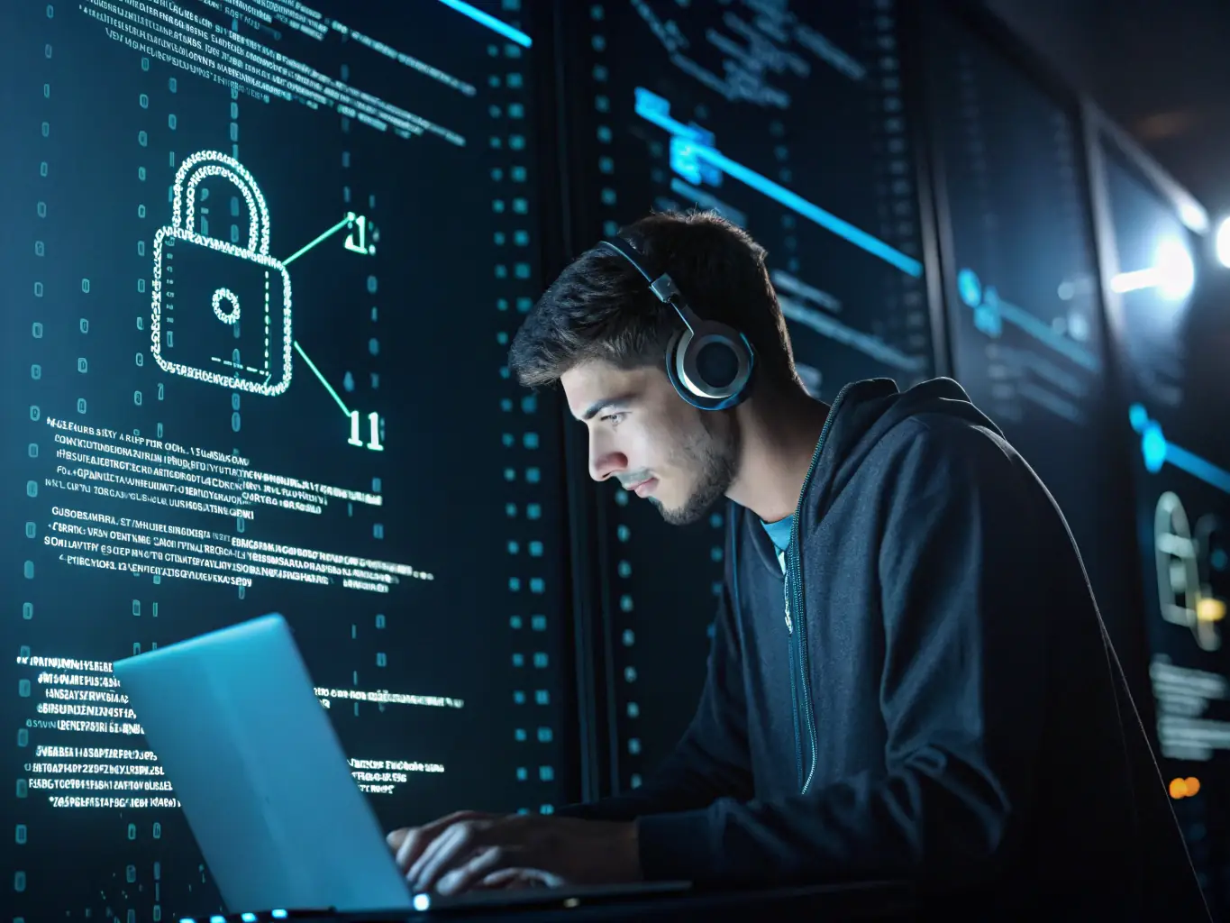 A digital illustration of a network security professional analyzing code on a computer screen, surrounded by digital security icons, representing advanced cybersecurity skills and knowledge.