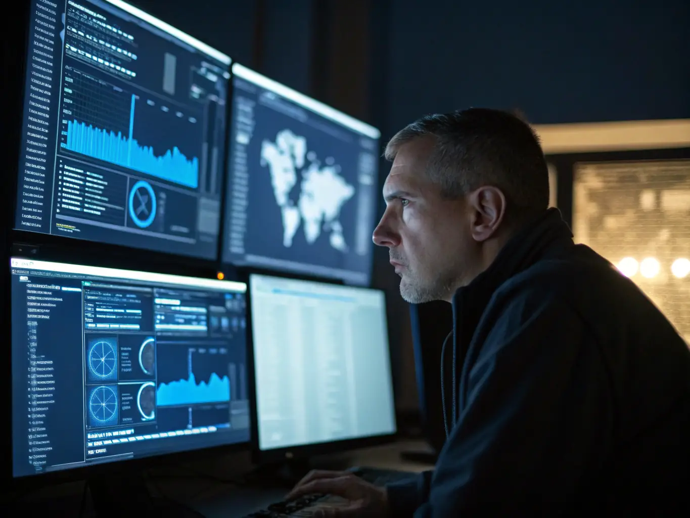 A photograph of a cybersecurity professional working in a modern security operations center (SOC), surrounded by multiple monitors displaying real-time threat analysis dashboards and network security visualizations, emphasizing the practical application of Blue Team skills.