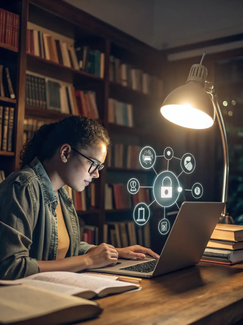 A focused portrait of a beginner cybersecurity student working on a laptop, surrounded by textbooks and learning materials, symbolizing the initial steps in their cybersecurity journey.
