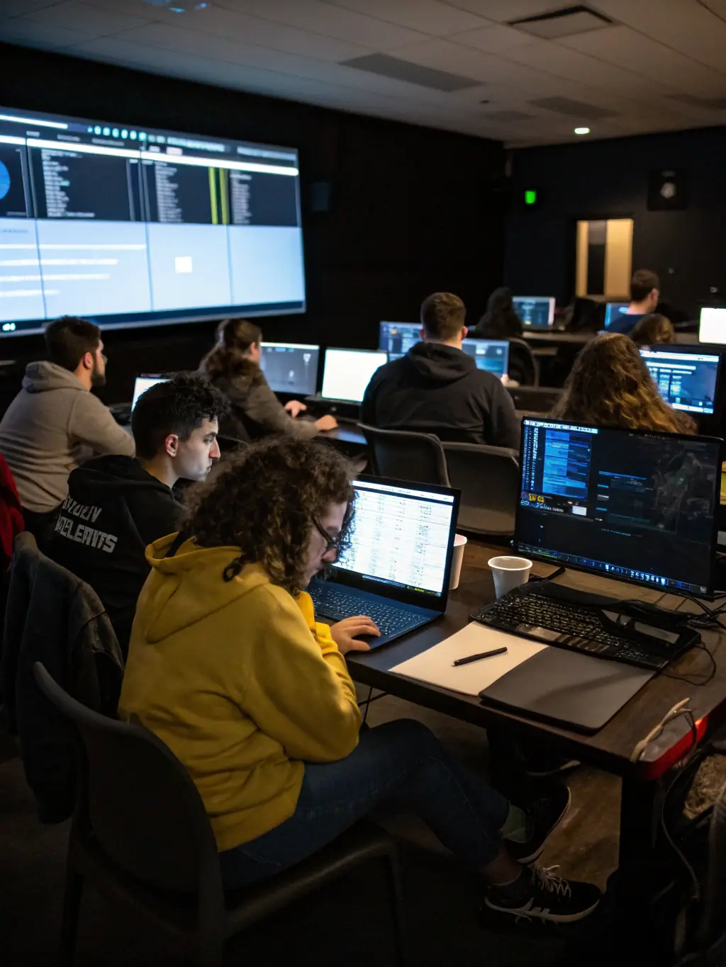 A person wearing headphones intently watching a video tutorial on cybersecurity concepts, with a secondary monitor displaying code, representing video resources for learning.
