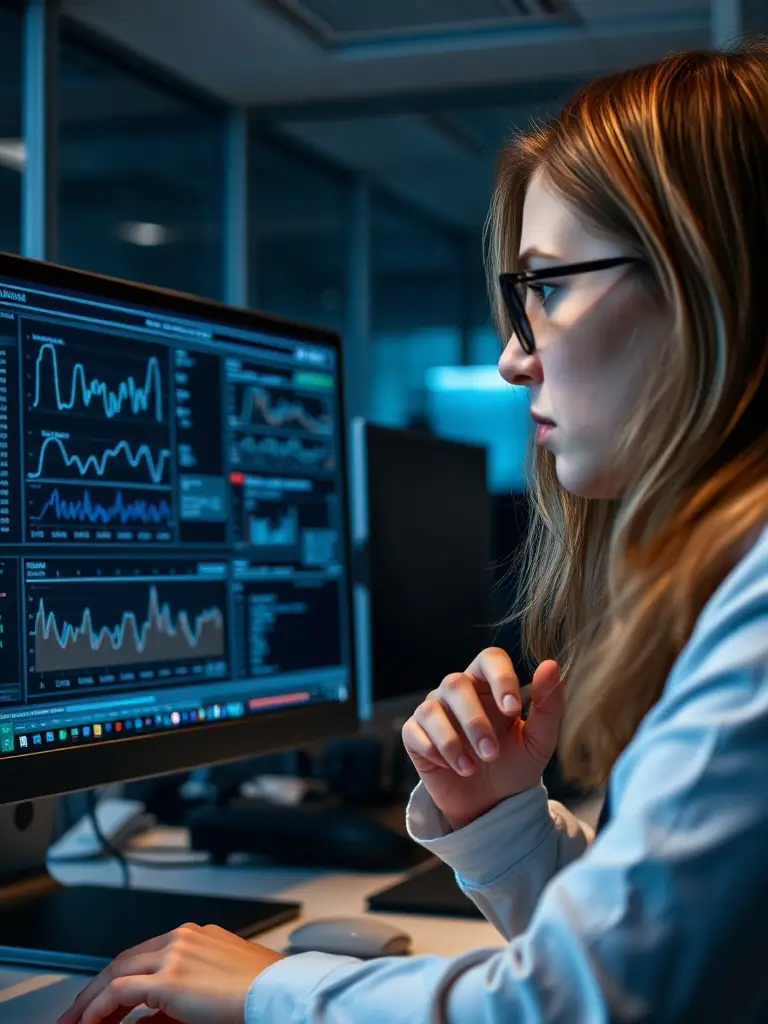 A determined portrait of an intermediate cybersecurity professional analyzing network traffic on multiple monitors, showcasing their growing expertise and problem-solving skills.