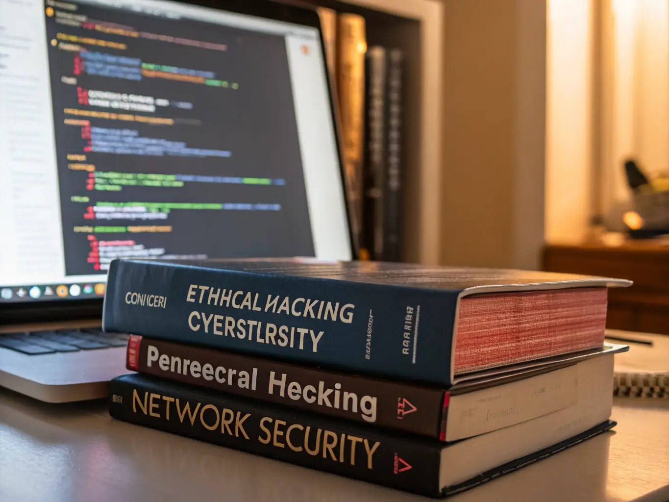 A stack of technical books on cybersecurity topics, including incident response, network security, and threat intelligence, arranged in a visually appealing manner to convey the depth of knowledge available.