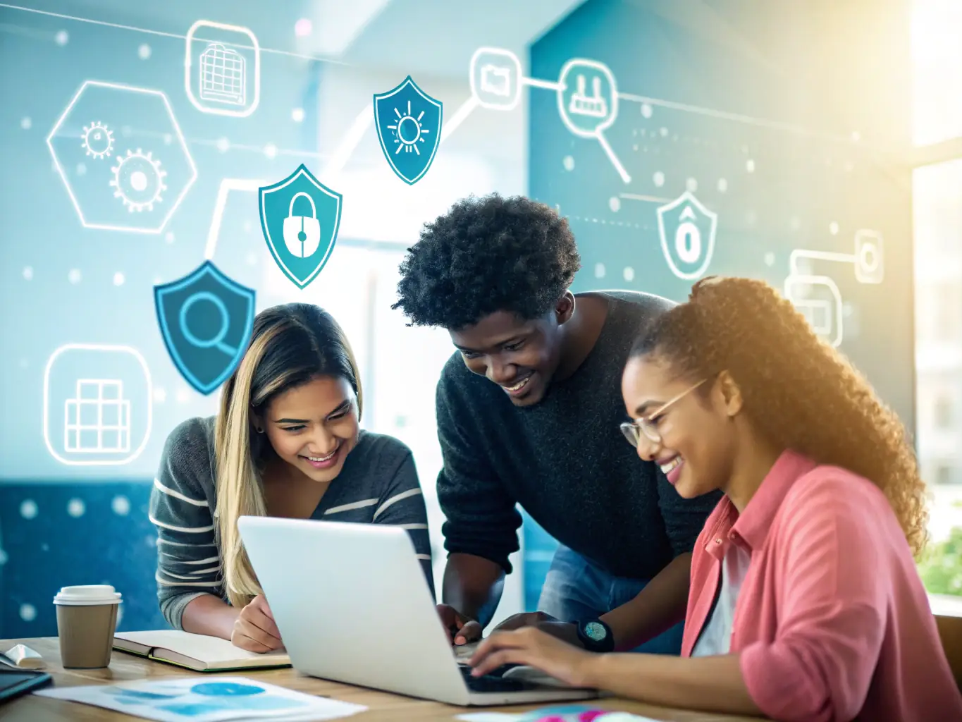 A dynamic digital illustration depicting a diverse group of cybersecurity professionals collaborating around a virtual table, sharing ideas and insights, with glowing network connections symbolizing their shared knowledge and expertise.