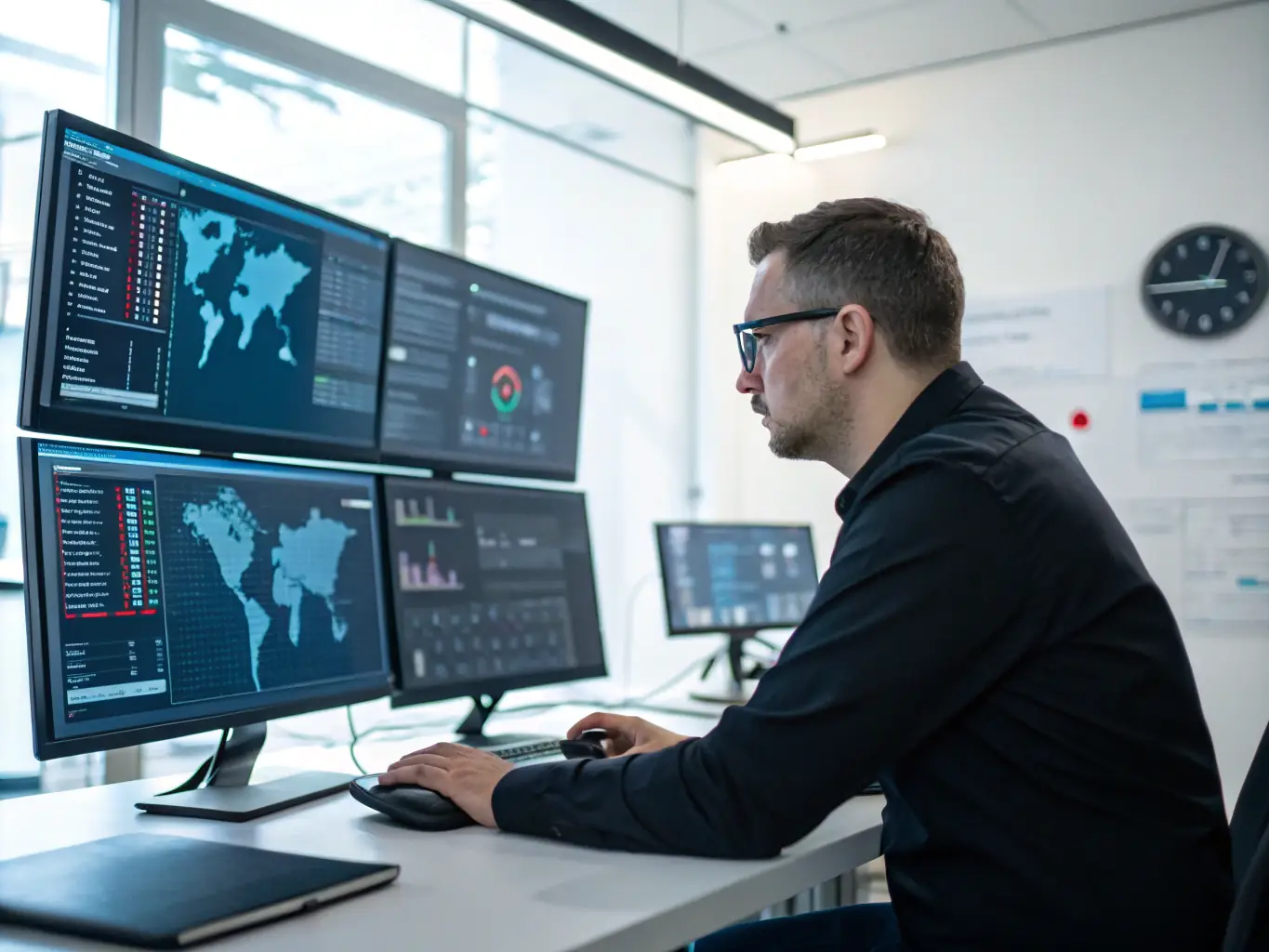 An image of a person working on a computer with multiple monitors, showcasing the complexity of intermediate cybersecurity tasks.