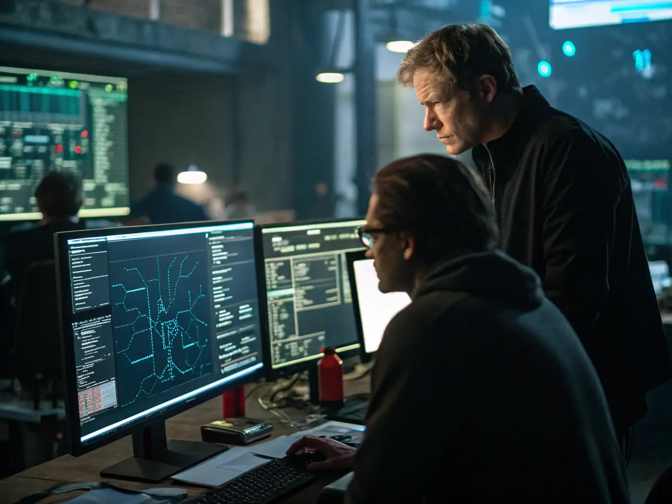 An intermediate-level cybersecurity professional analyzing network traffic data on multiple monitors in a dimly lit security operations center.