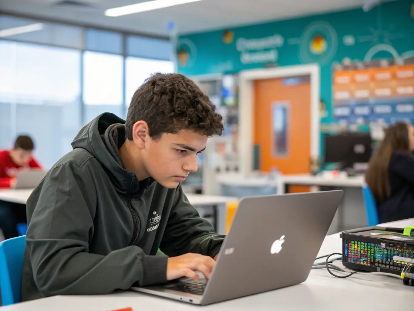 A focused cybersecurity student diligently working through a coding challenge on their laptop, surrounded by textbooks and notes, in a brightly lit, modern study environment.