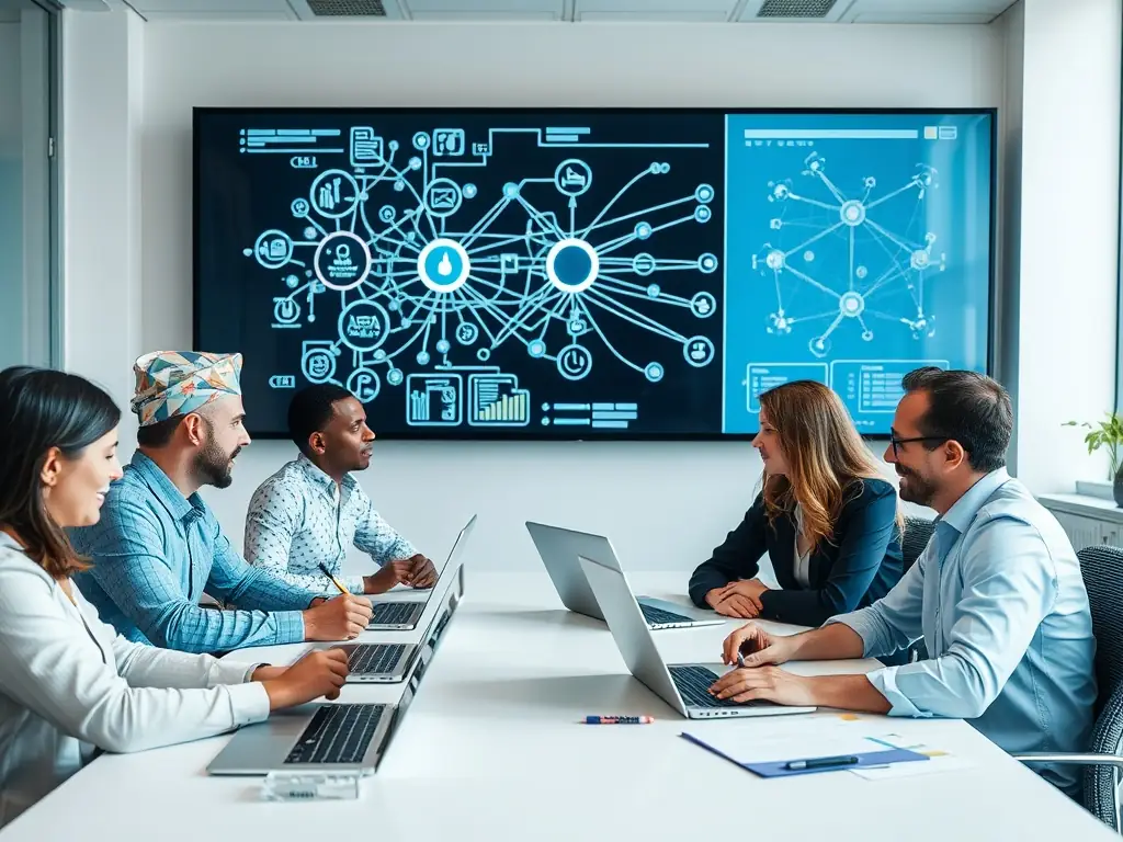 A professional cybersecurity analyst is shown confidently presenting a network security architecture diagram to a team in a modern office setting, emphasizing the importance of certified skills in real-world applications.