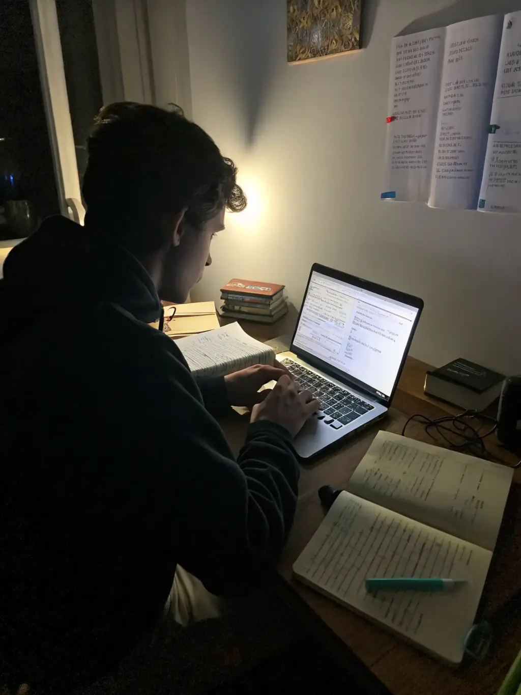 A close-up shot of a hacker's hands typing rapidly on a laptop in a dark room, with lines of code scrolling across the screen, symbolizing active reconnaissance in pentesting.