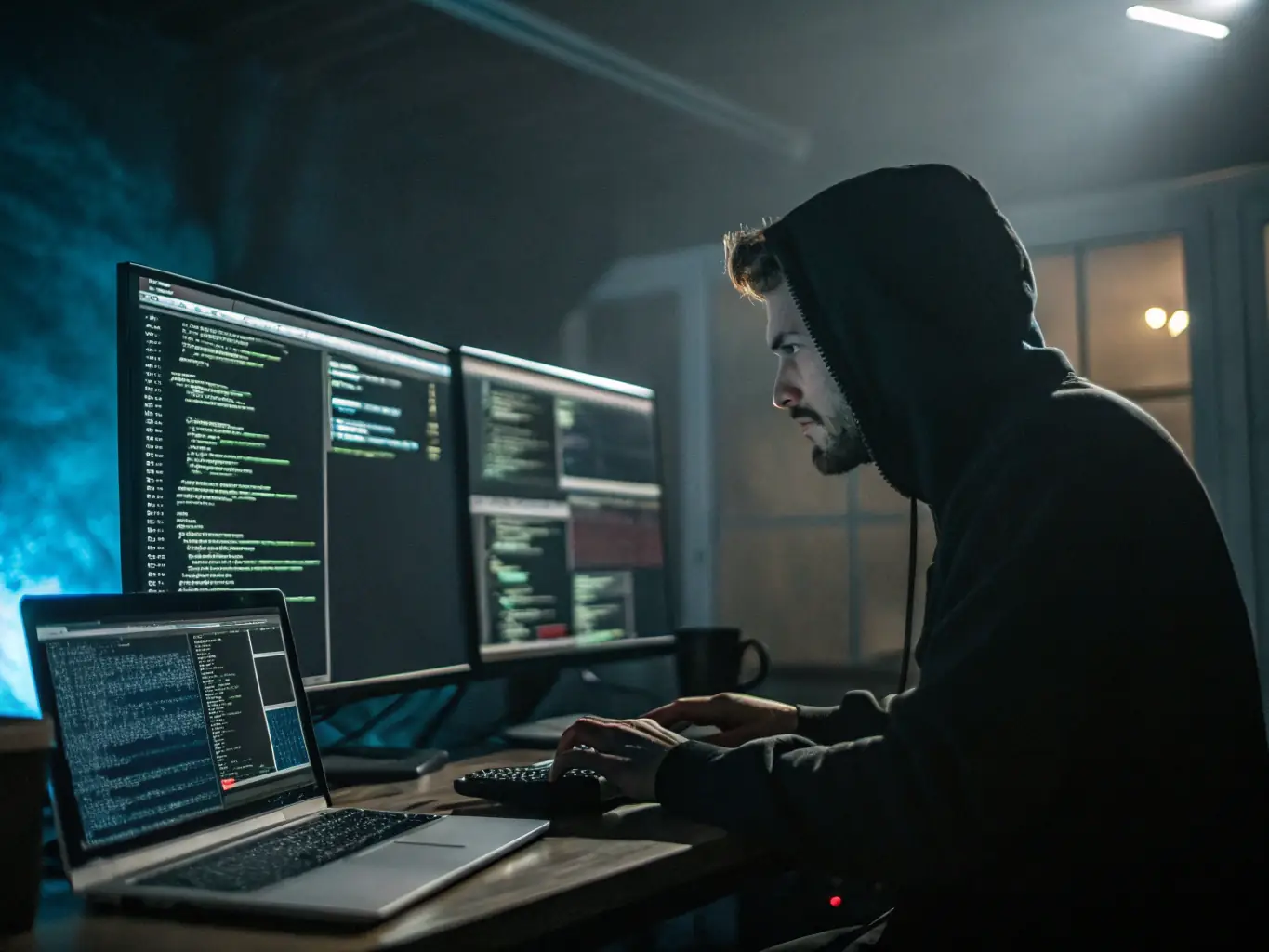 A professional hacker wearing a hoodie is performing a penetration test on a computer network, with code visible on multiple screens in a dimly lit room, symbolizing ethical hacking.