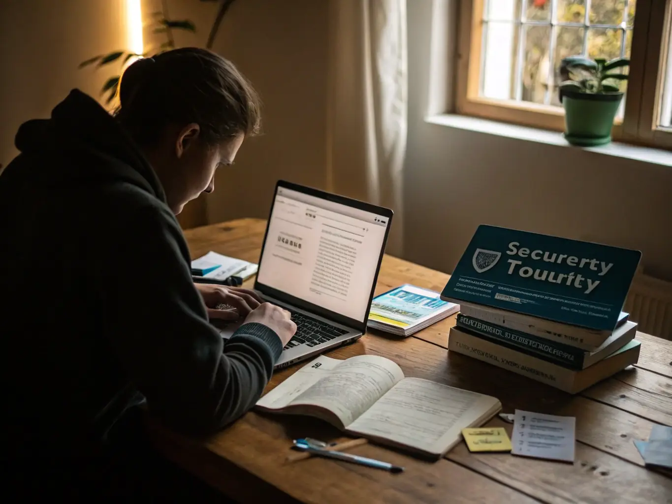 A close-up shot of a well-organized bookshelf filled with cybersecurity certification guides and technical books, illuminated by soft, focused lighting, creating an atmosphere of focused learning and expertise.