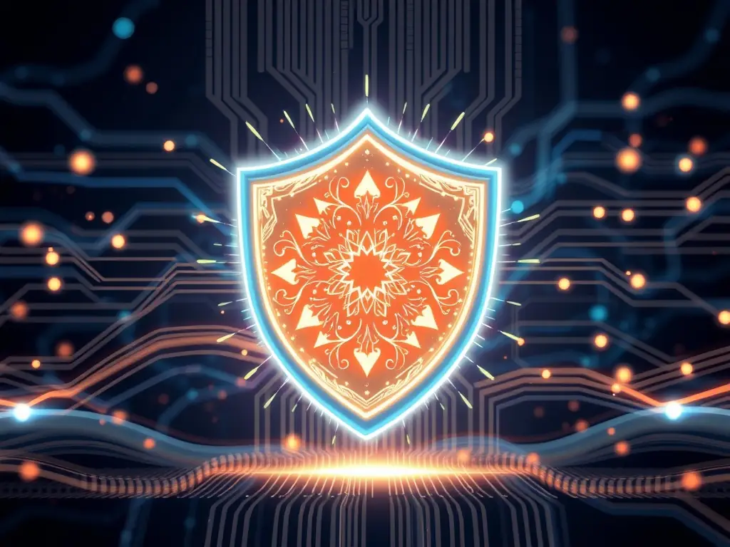A digital illustration of a shield protecting data streams, representing advanced security measures and professional cybersecurity expertise.
