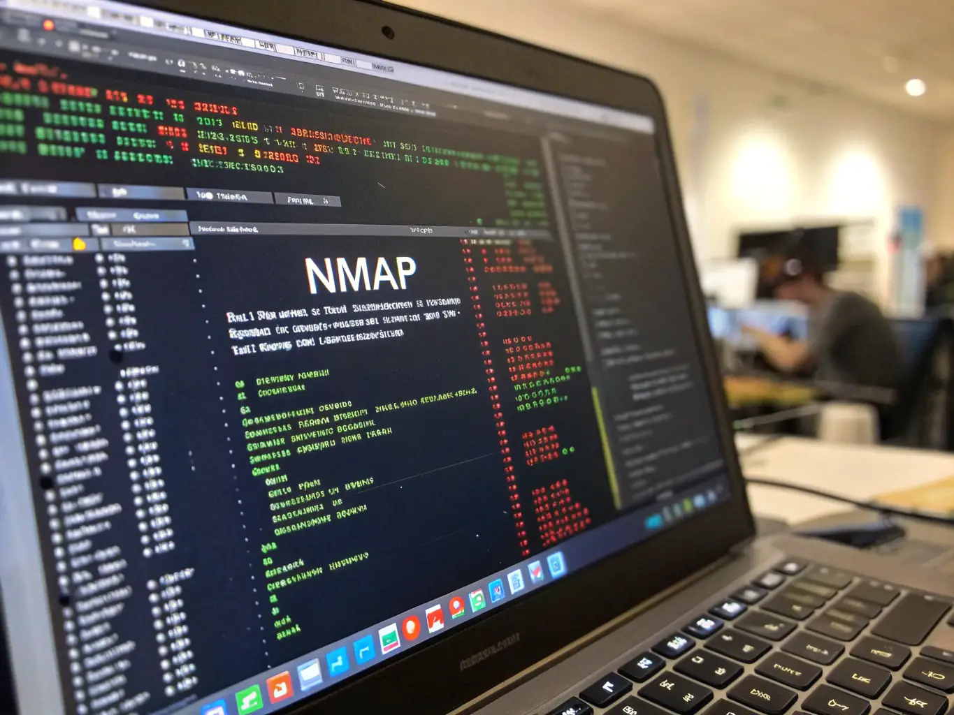 A screenshot of Nmap's command-line interface, showcasing its versatility in network scanning and reconnaissance, set against a dark, technical background.