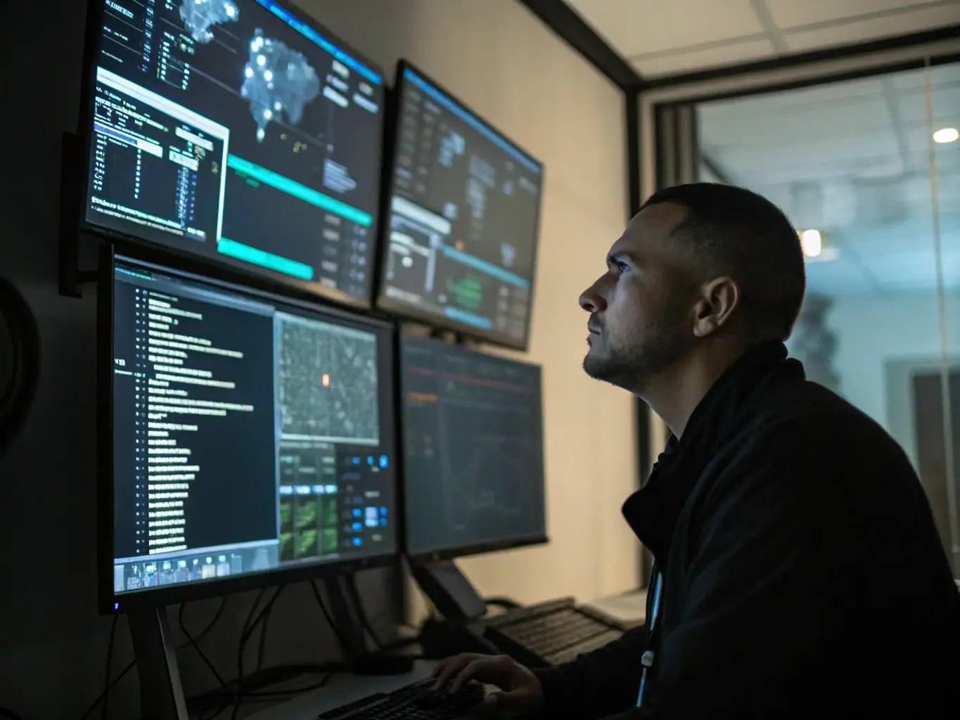A high-resolution image depicting a network security analyst using a vulnerability scanner interface, with a detailed report of identified vulnerabilities displayed on the screen. The setting is a modern security operations center.